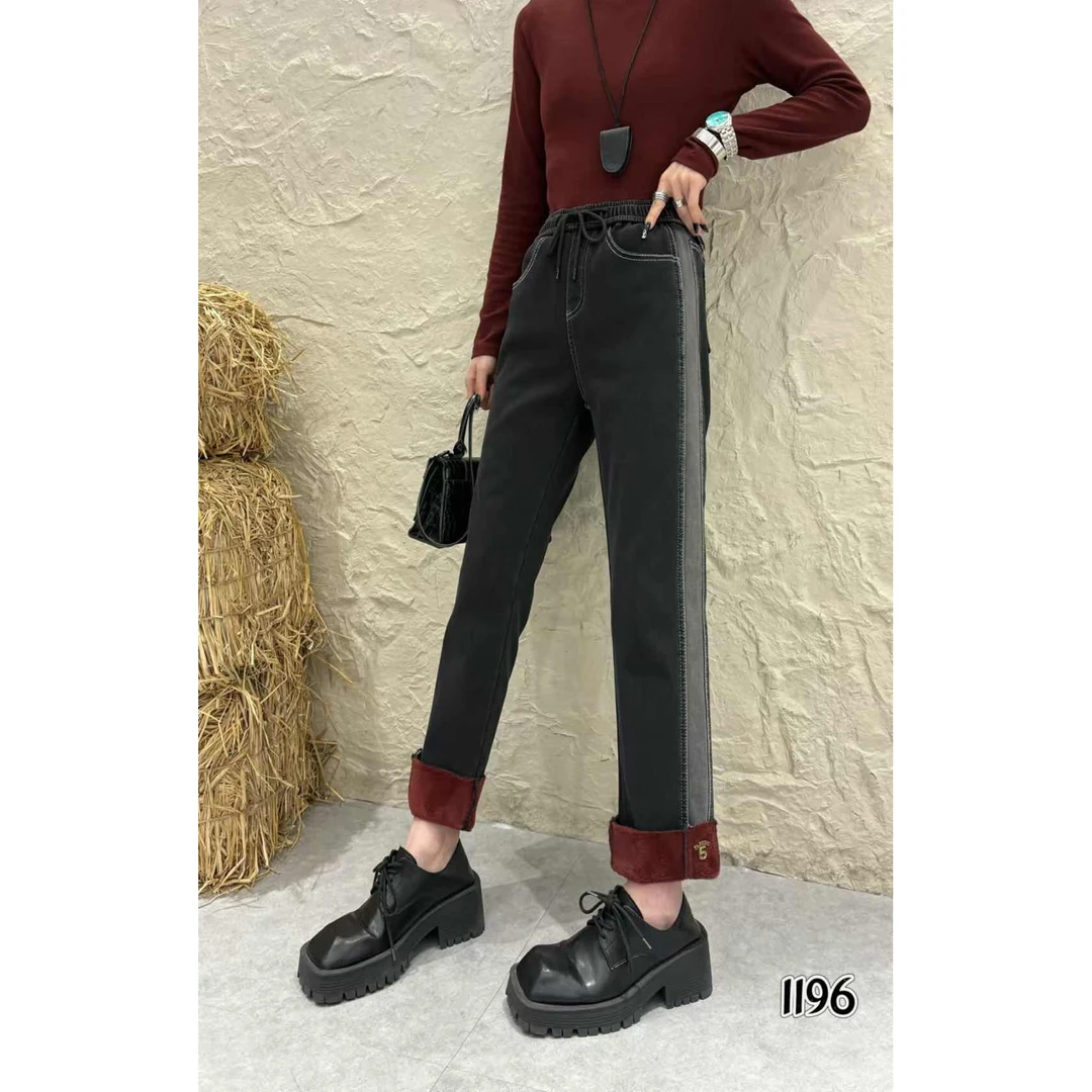 潮秀儿家大码冬季加绒显瘦裤脚订扣烟管牛仔裤1196