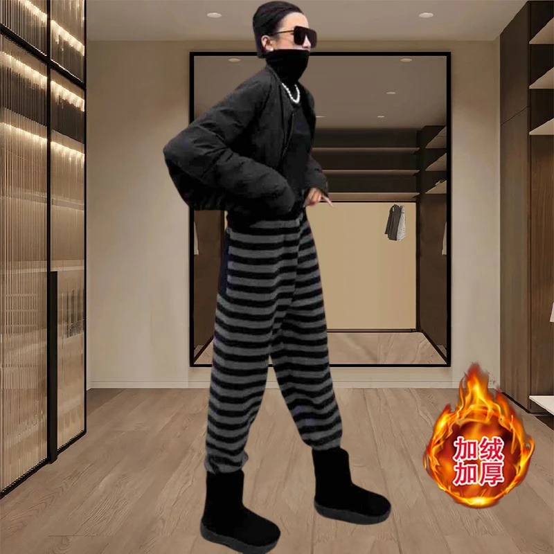 加绒裤子女秋冬2025新款高腰休闲显瘦洋气裤子小众加厚哈伦卫裤子