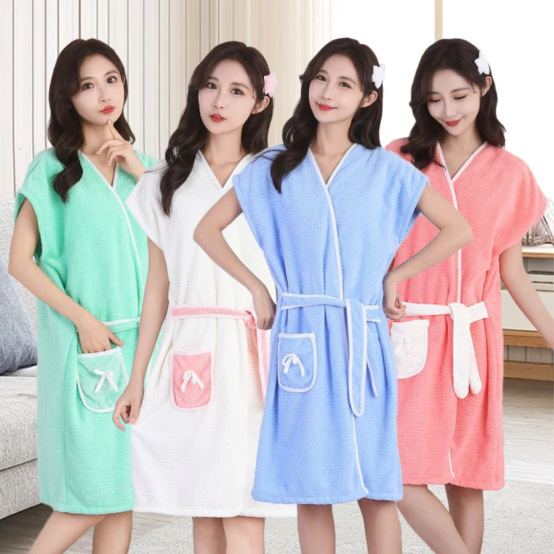 夏季系带短袖浴裙薄款浴袍成人学生可穿式浴袍柔软洗澡家用浴巾