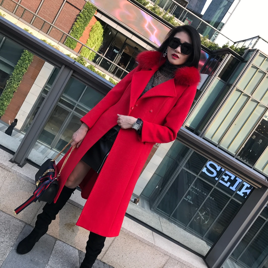 【鸿运当头】韩版修身毛领大衣外套D16235秋冬时尚红色