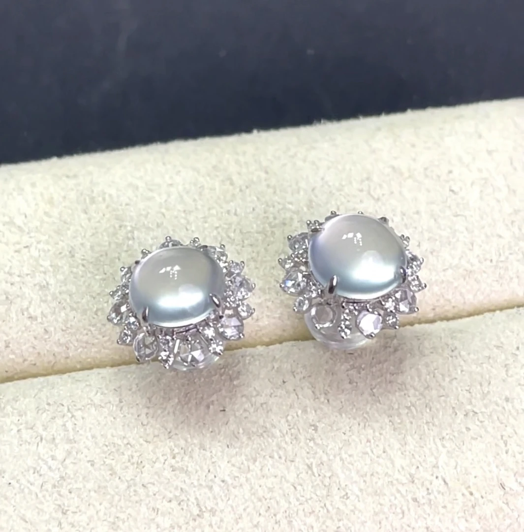 18k金豪华镶嵌冰种玻璃冰蛋面耳钉耳坠耳环时尚百搭女士气质