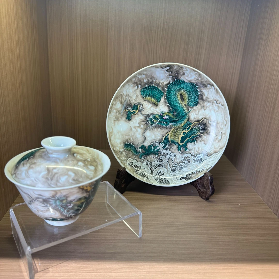 两件套茶具套装泡茶单个墨彩龙盖碗茶杯景德镇主人杯单杯雪茄缸