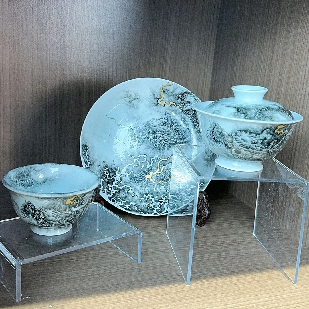 三件套茶具套装泡茶单个墨彩龙盖碗茶杯景德镇主人杯单杯雪茄缸