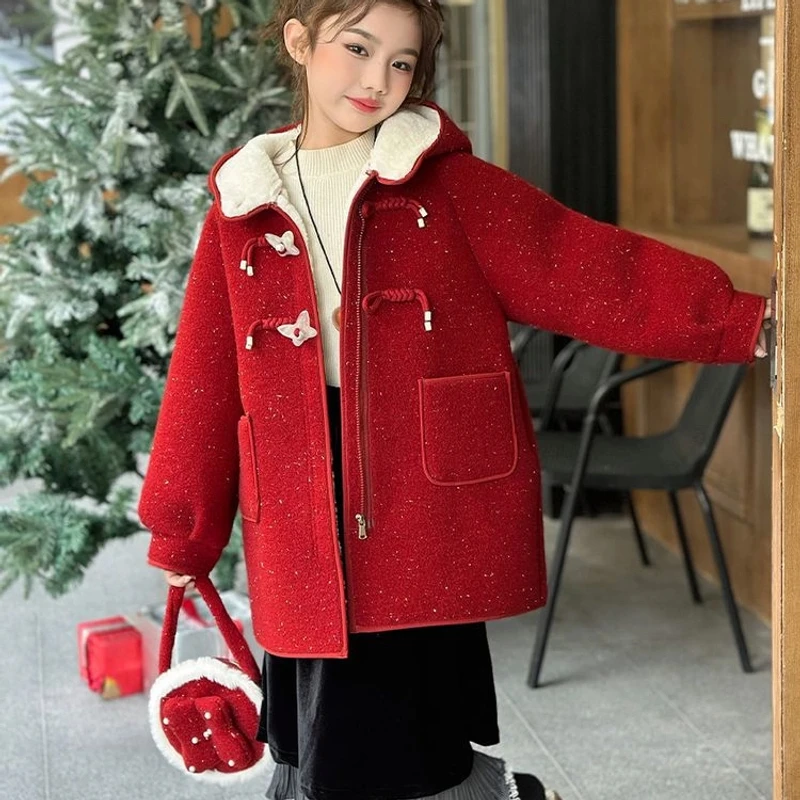 女童外套秋冬款6-12岁潮款2025新款年服呢子大衣加绒红色洋气喜庆