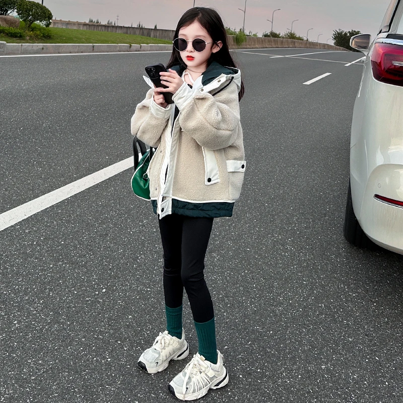 女童毛毛衣外套秋冬装2025新款儿童大童韩版宽松加棉加厚连帽上衣