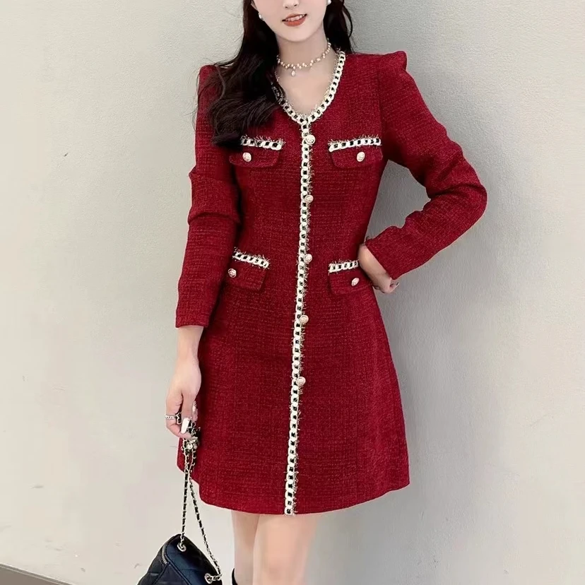 小香风新年红法式ins长袖连衣裙2024新款显瘦气质时尚名媛裙子