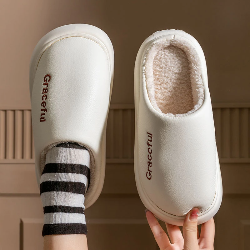 【微瑕】纯色情侣皮棉拖9361秋冬季室内居家居保暖冬天防滑防水男女