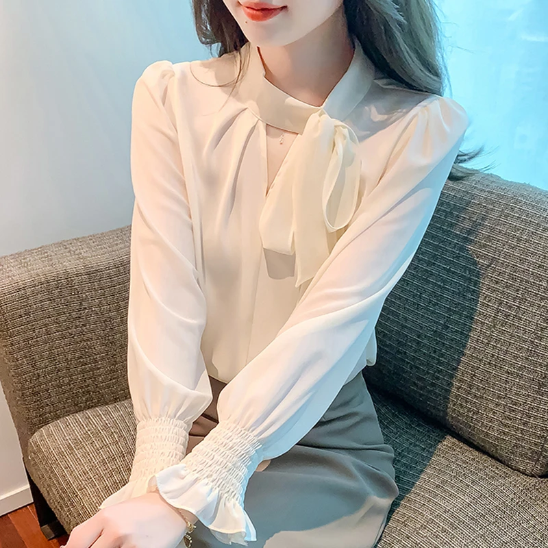 蝴蝶结雪纺衬衫女装长袖2025春春季新款高级感打底衫法式气质上衣