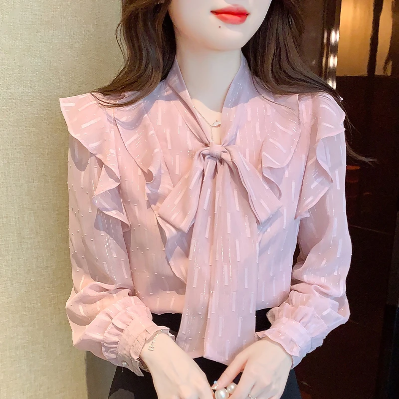 蝴蝶结雪纺衬衫女长袖2025秋秋季新款超仙气质打底衫别致漂亮上衣