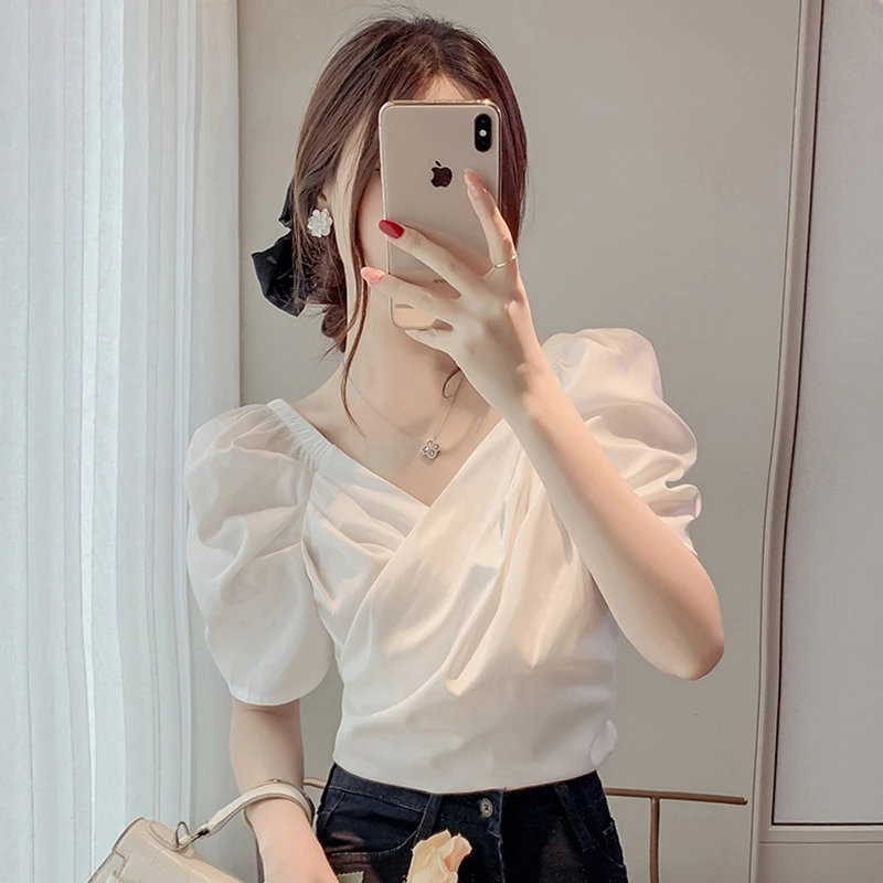 法式v领短袖白色雪纺衬衫女装2025夏季新款高级感泡泡袖短款上衣