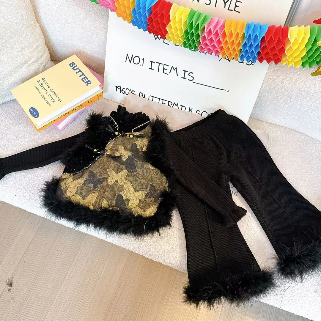 2024冬季新款韩版女童洋气马甲内搭裤子套装4D009HEI4D1184D119