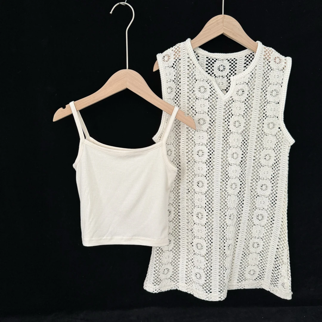 【夏款上新】设计师款儿童蕾丝镂空叠穿针织无袖罩衫连衣裙【25058】