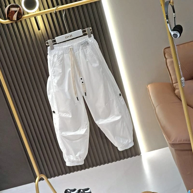 男童白色裤子2025夏季工装裤女童时尚百搭长裤宽松版中大童休闲裤