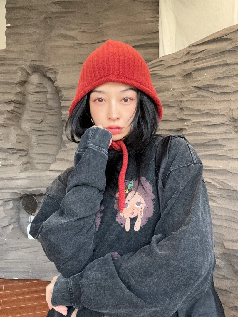 （两只羊22）全羊毛韩版秋冬针织毛线系带包头堆堆帽