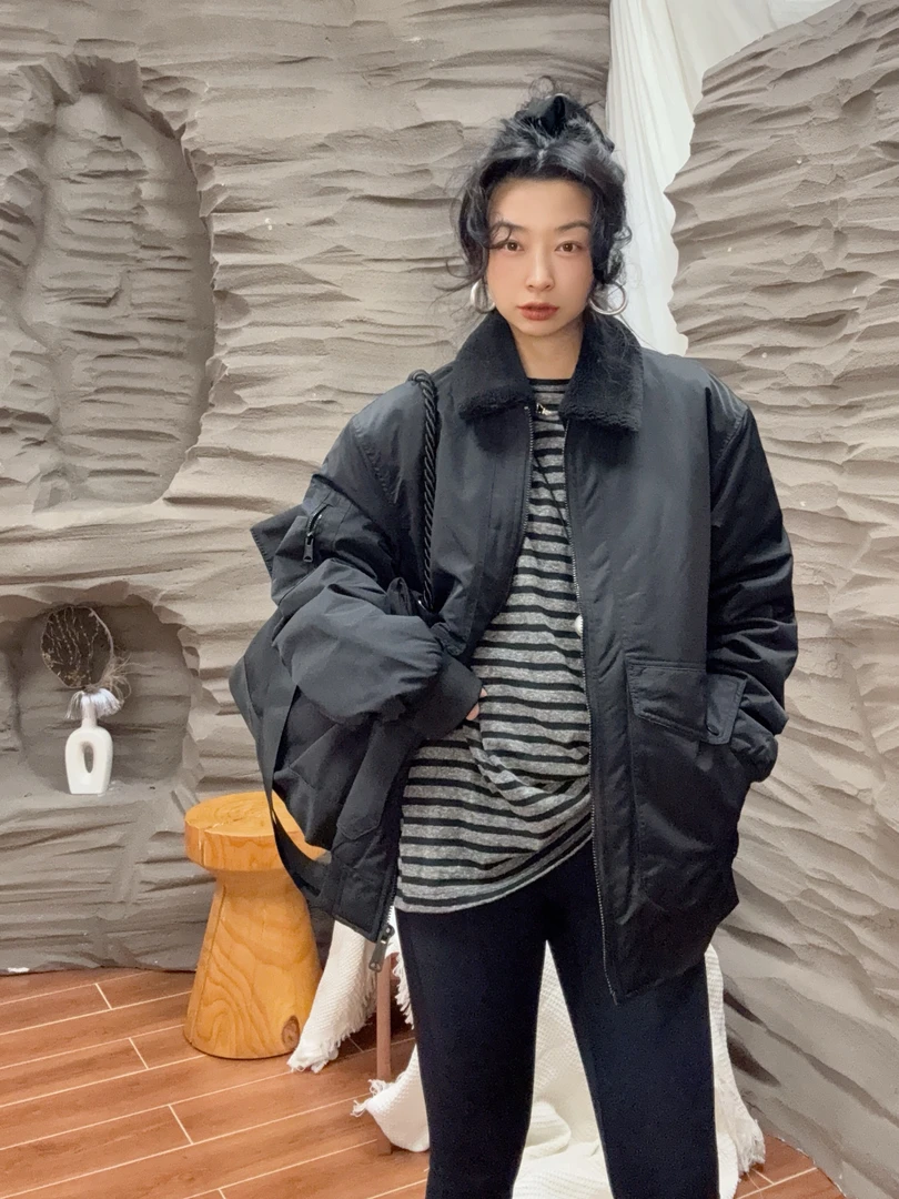 （茄子酱）欧尼黑色休闲加厚宽松冬季外套可拆毛领