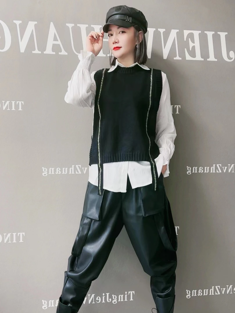 2023婷姐服饰 PU皮裤欧货新款百搭休闲宽松口袋个性垮裤