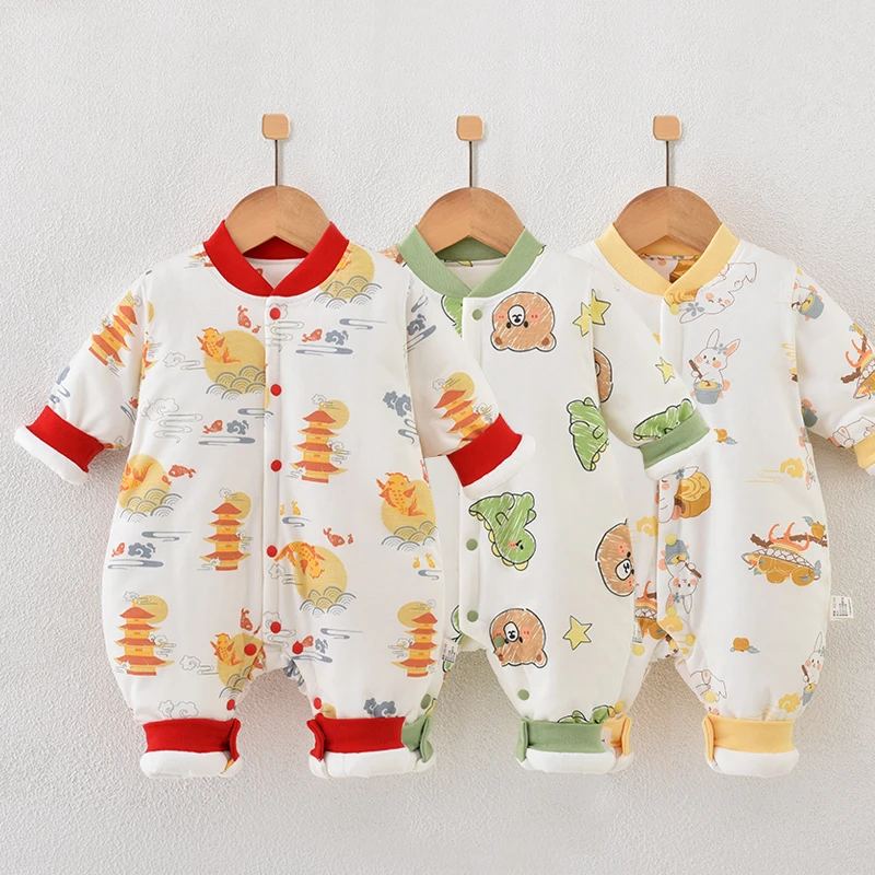 婴儿连体衣夹棉加厚棉衣新生幼儿爬服萌娃宝宝衣服外出服冬装