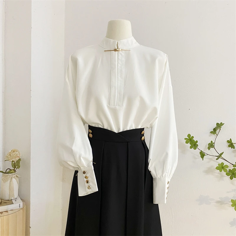 新中式立领长袖衬衫女2024春设计感复古气质国风上衣配马面裙衬衣