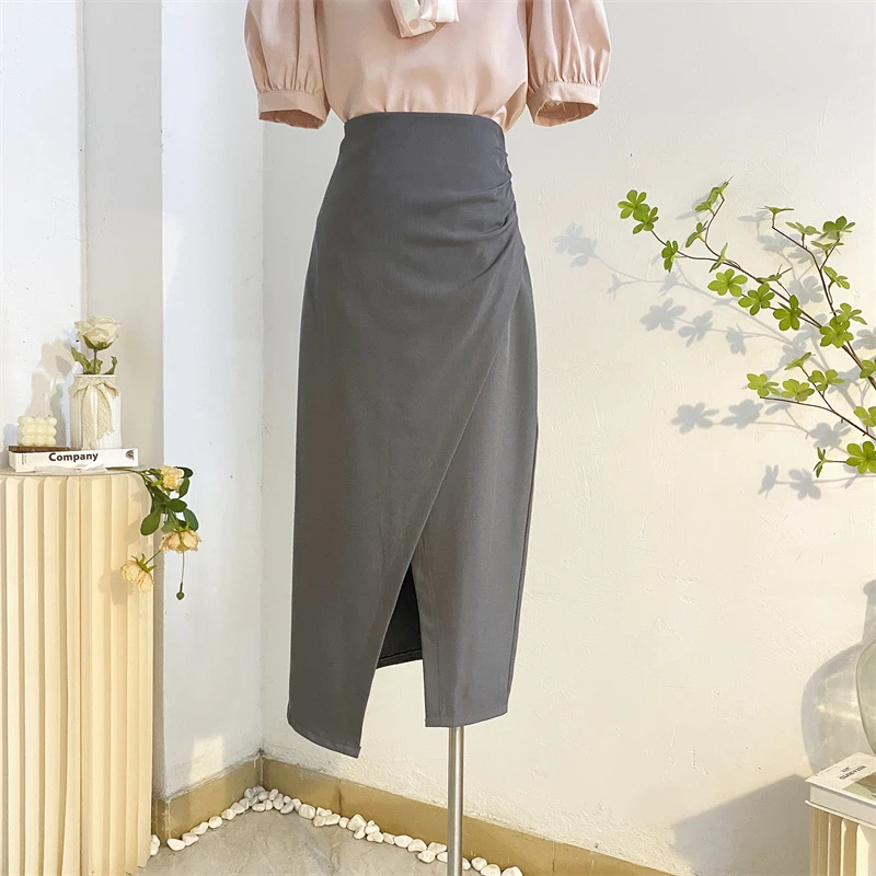 高级感灰色开叉显瘦半身裙女夏季中长款高腰a字包臀气质西装长裙