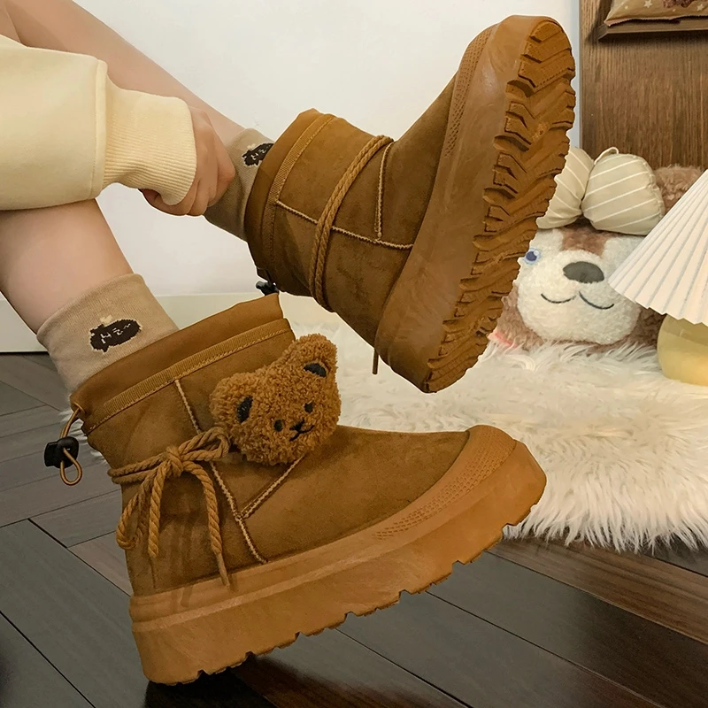 人本小熊雪地靴女款秋冬季新款百搭爆款原创加绒加厚保暖外穿棉鞋