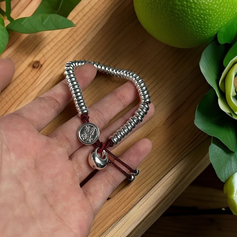 足银手镯 红绳光面福袋算盘手链（宝立严选）