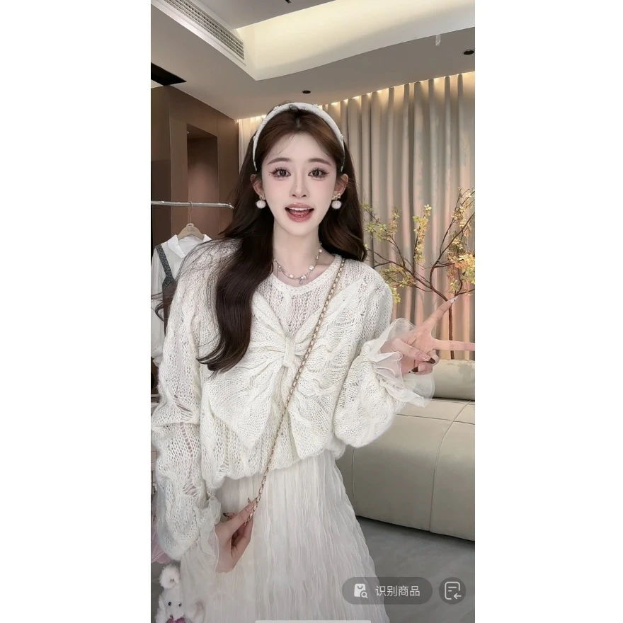 浩哥严选●小说里的白月光Q4MY2372A小香风镂空针织毛衣蝴蝶结装饰