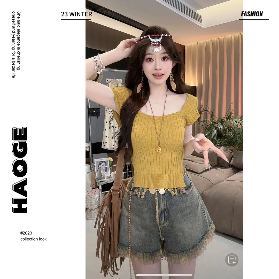 浩哥严选●C4ZZS5927A时尚纯色套头短袖针织衫女莫奈花园风