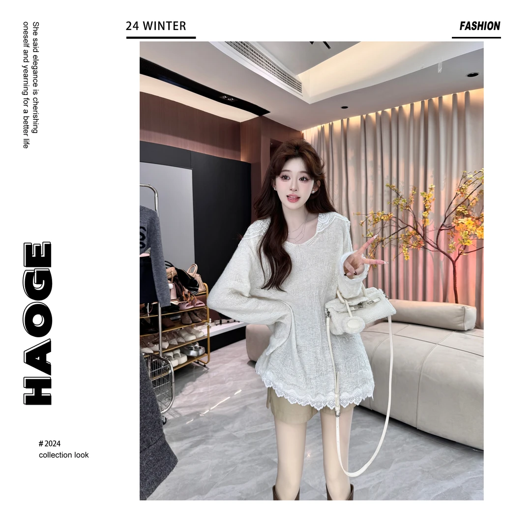 浩哥严选●白塔玫瑰Q4MY2637A时尚韩风白色蕾丝连帽衫甜美百搭上衣