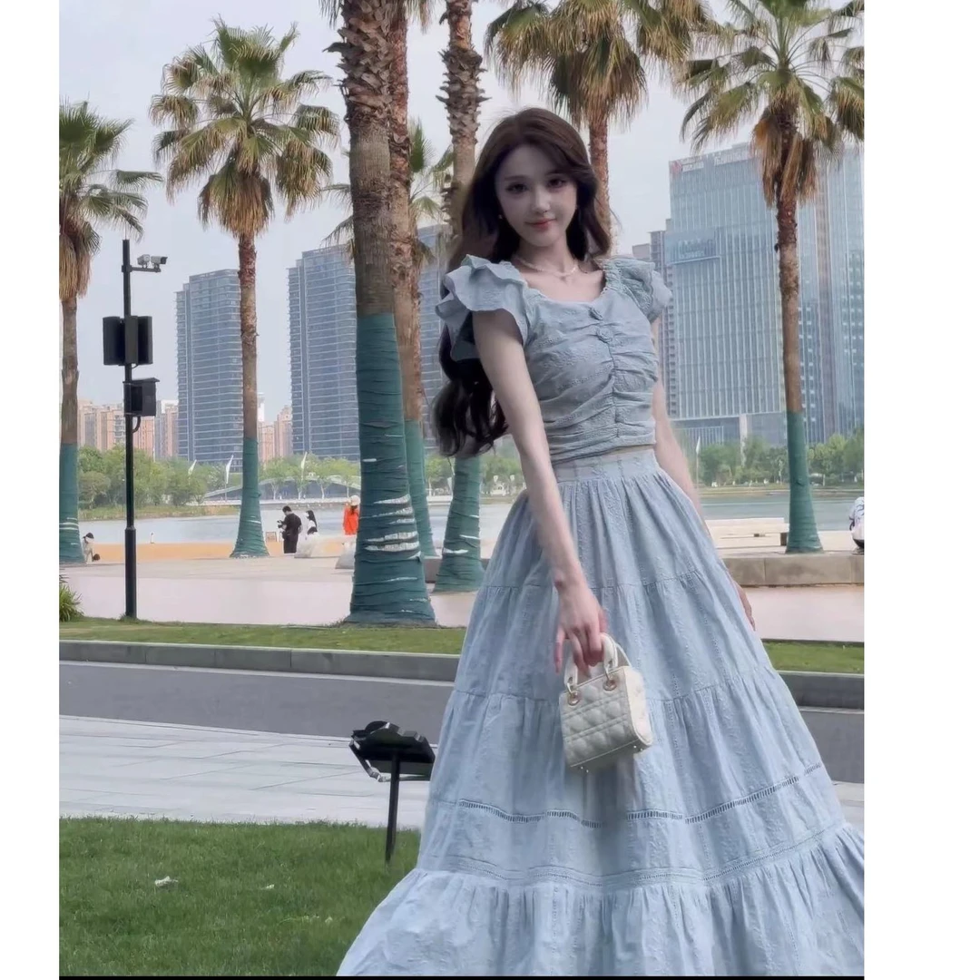 浩哥严选●夏天的风JJX4TZ2686法式泡泡袖套装女莫奈花园风