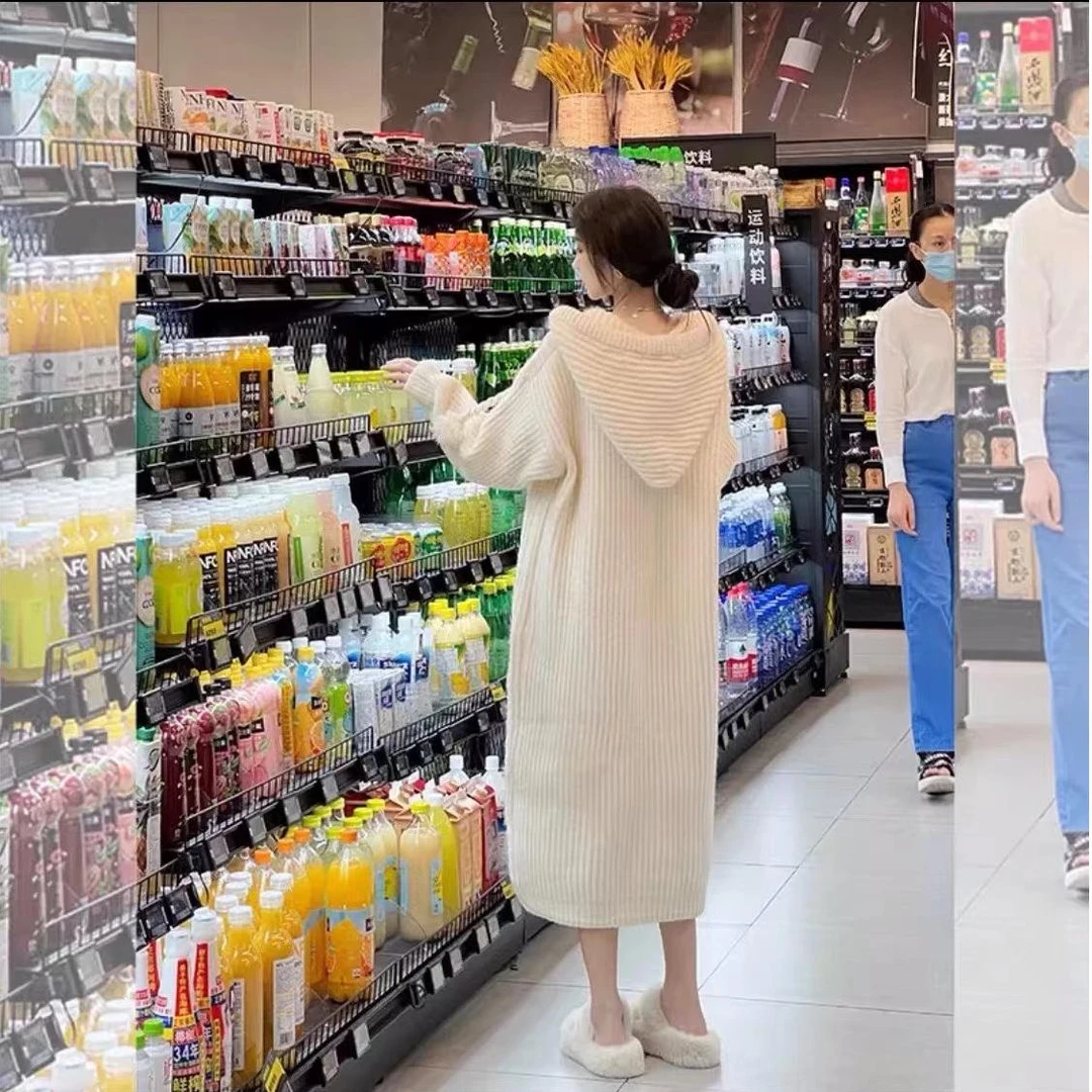 浩哥严选●Q2QZ8484时尚休闲宽松百搭中长款连帽毛衣裙莫奈花园风