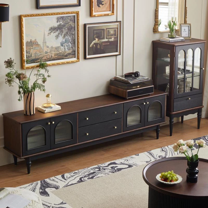 美式复古黑色实木电视柜网红新款家用小户型法式轻奢收纳储物柜