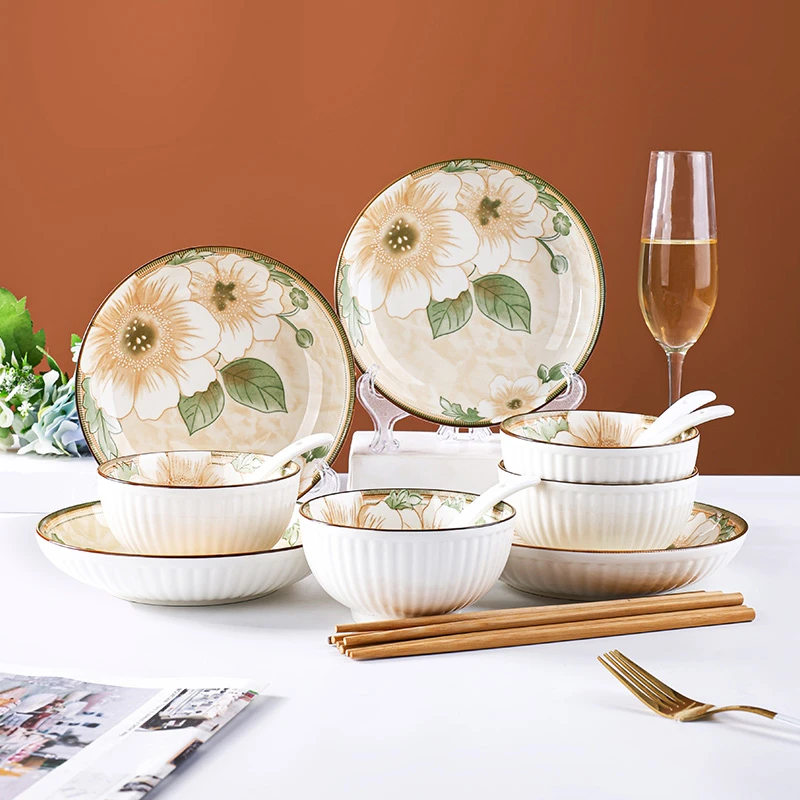 孟垣山茶花16件套复古家用聚餐陶瓷碗碟盘个性简约釉下彩餐具轻奢