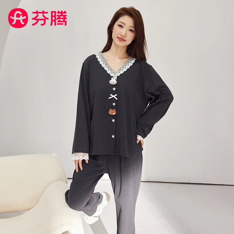 芬腾睡衣女春秋新款布朗熊联名长袖宽松开衫蕾丝袖休闲家居服套装