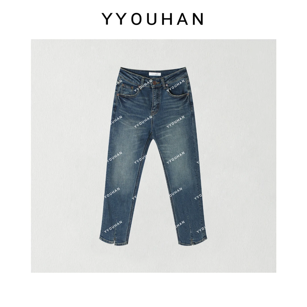 月月不吃鱼小众设计极简风猫须纹理百搭加绒窄版牛仔裤 2410B4838
