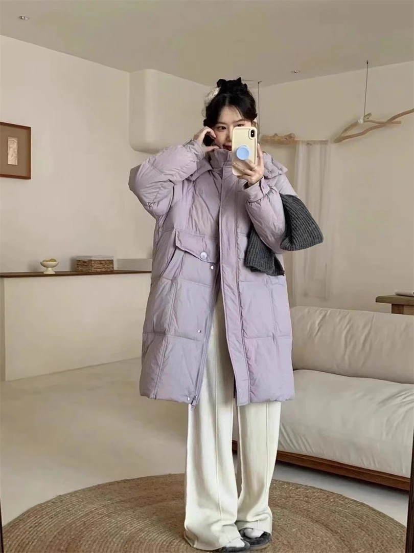 2024冬季韩版紫色羽绒服中长款小个子宽松连帽M扣鸭绒加厚外套