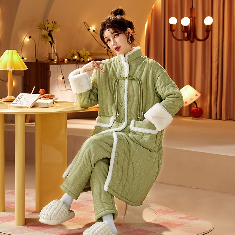 秋冬季韩系甜美三层夹棉睡袍冬天睡衣女款加绒加厚舒适保暖家居服