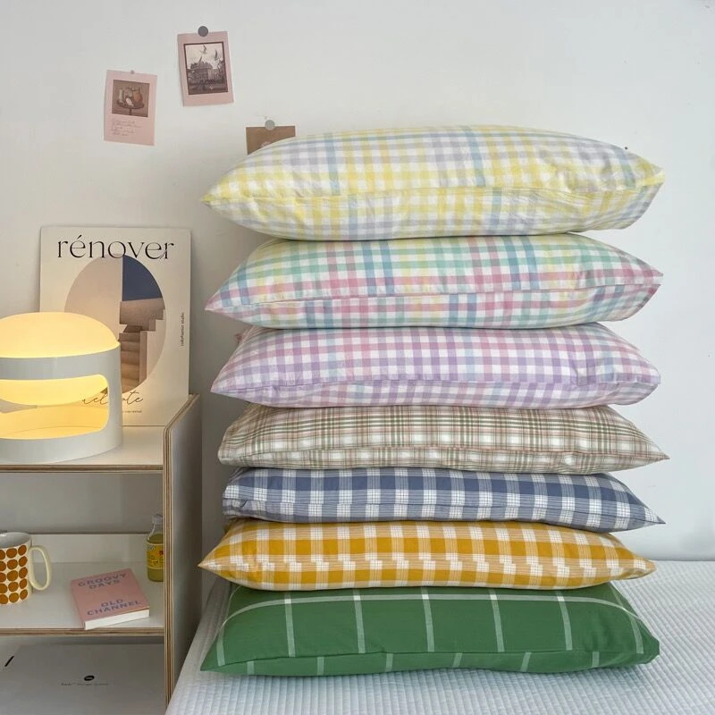 新款全棉水洗棉格子单品枕套ins家用长规枕套一对拍2单只装