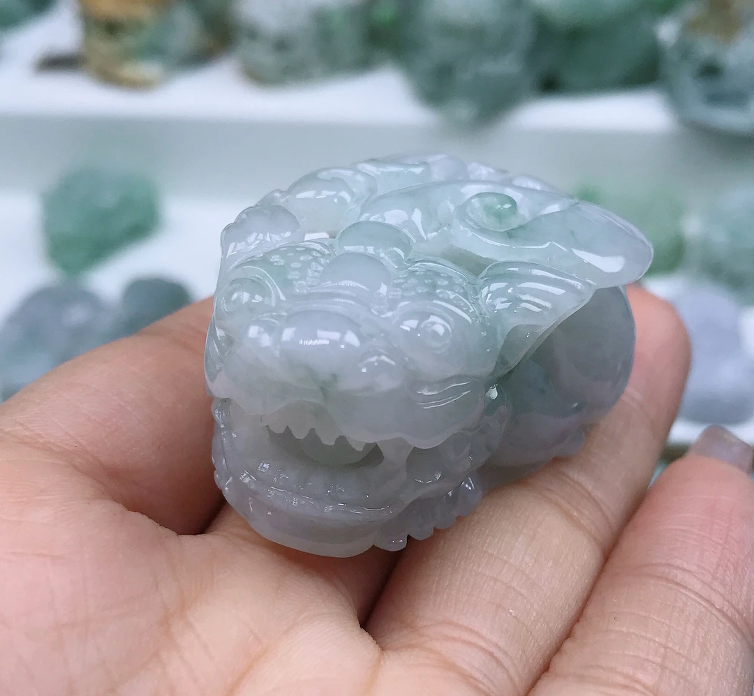 翡翠A货冰种飘花口含珠招财貔貅吊坠42-27.5-22