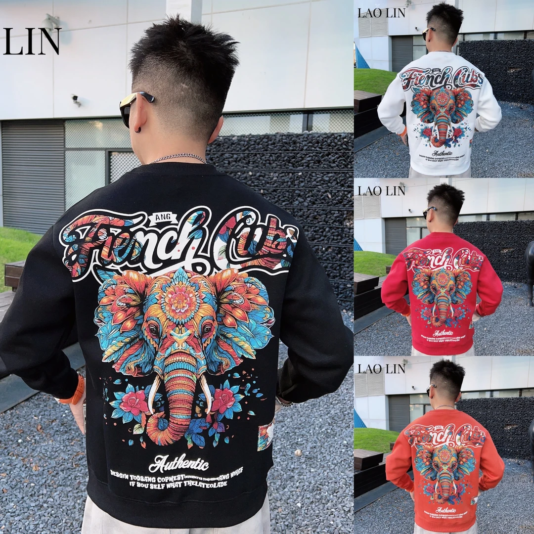 秋冬季新款印花彩绘大象重磅潮流长袖男潮牌百搭日系情侣圆领卫衣