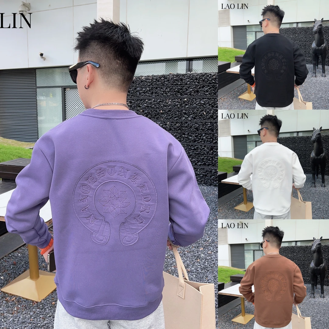 秋季男士卫衣休闲潮流百搭棉质t恤圆领休闲美式复古刺绣时尚长袖
