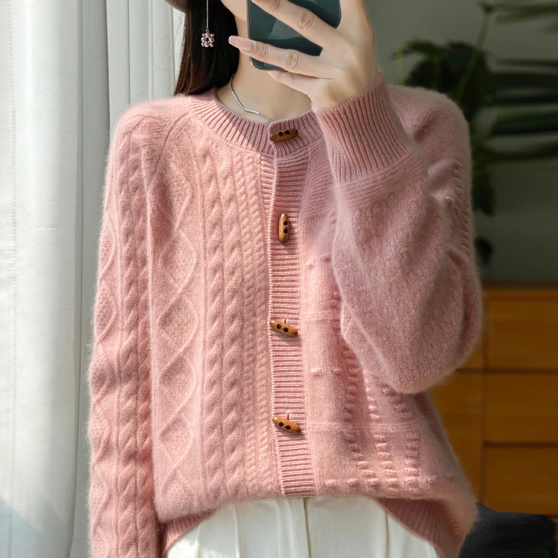 100%纯羊毛开衫女圆领宽松休闲针织外套秋冬新款纯色长袖打底毛衣