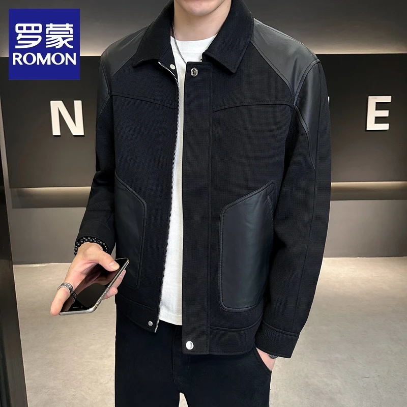 Romon/罗蒙拼接夹克外套男士潮牌潮流翻领上衣服春秋冬季2024新款