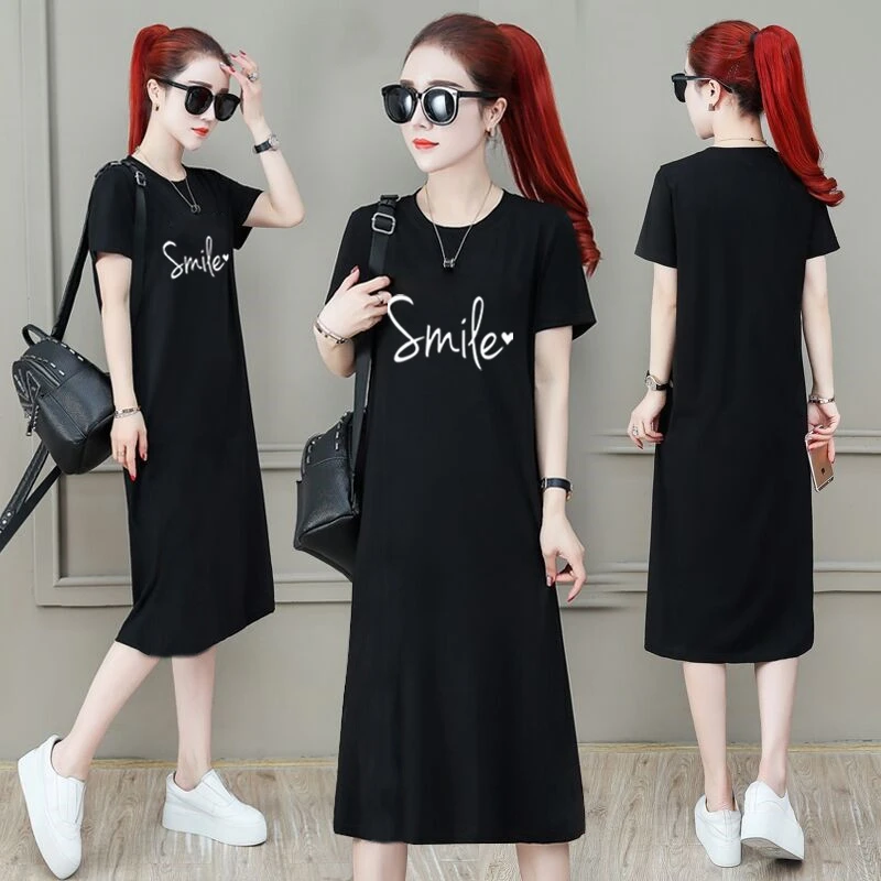 2024新款连衣裙夏季短袖通勤长款过膝新款外穿T恤裙宽松大码长裙