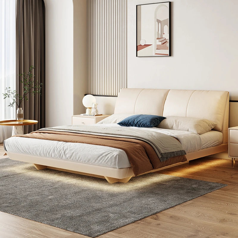 大象耳朵储物悬浮床现代简约主卧双人真皮床奶油风收纳高箱悬空床