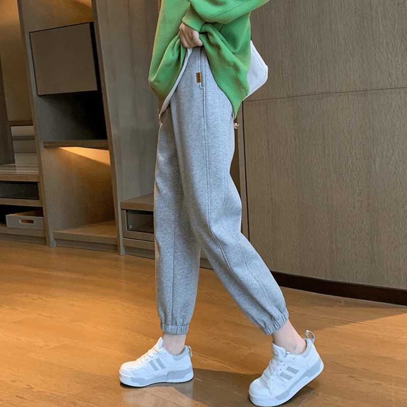 啄木鸟灰色运动裤女春秋新款高腰宽松束脚显瘦显高休闲卫裤