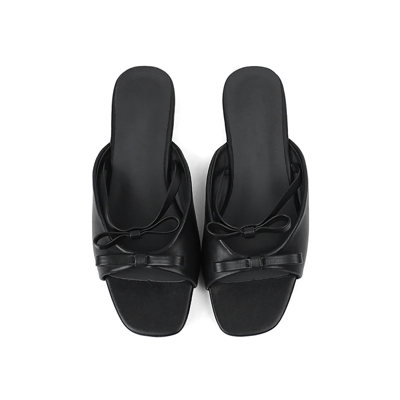 小蝴蝶结淑女一字带平底一脚蹬外穿凉鞋