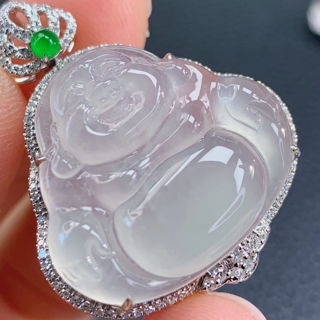 天然缅甸A货翡翠冰种起胶舒佛镶18k金吊坠气质冰透玉佛挂件