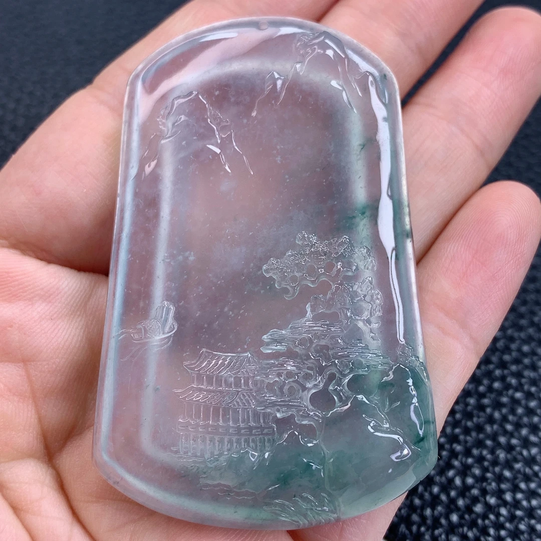 天然缅甸A货翡翠高冰飘花起胶山水牌冰透精雕雕刻气质大气通透