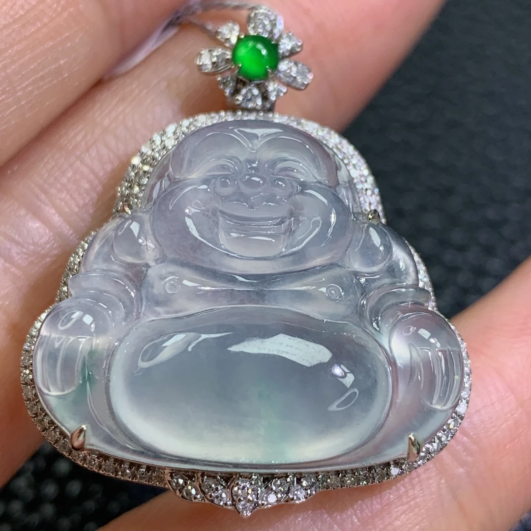 天然A货翡翠冰种飘花弥勒佛镶嵌18k金吊坠气质时尚玉佛挂件