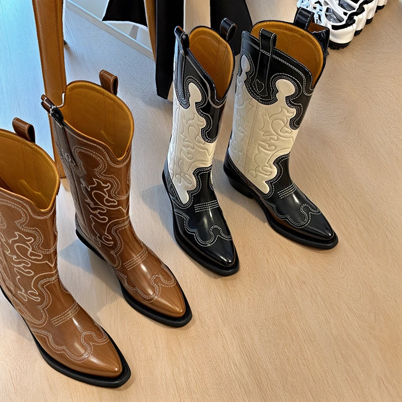 靴子女夏款 西部牛仔靴棕色美拉德切尔西骑士靴尖头V口刺绣长筒靴
